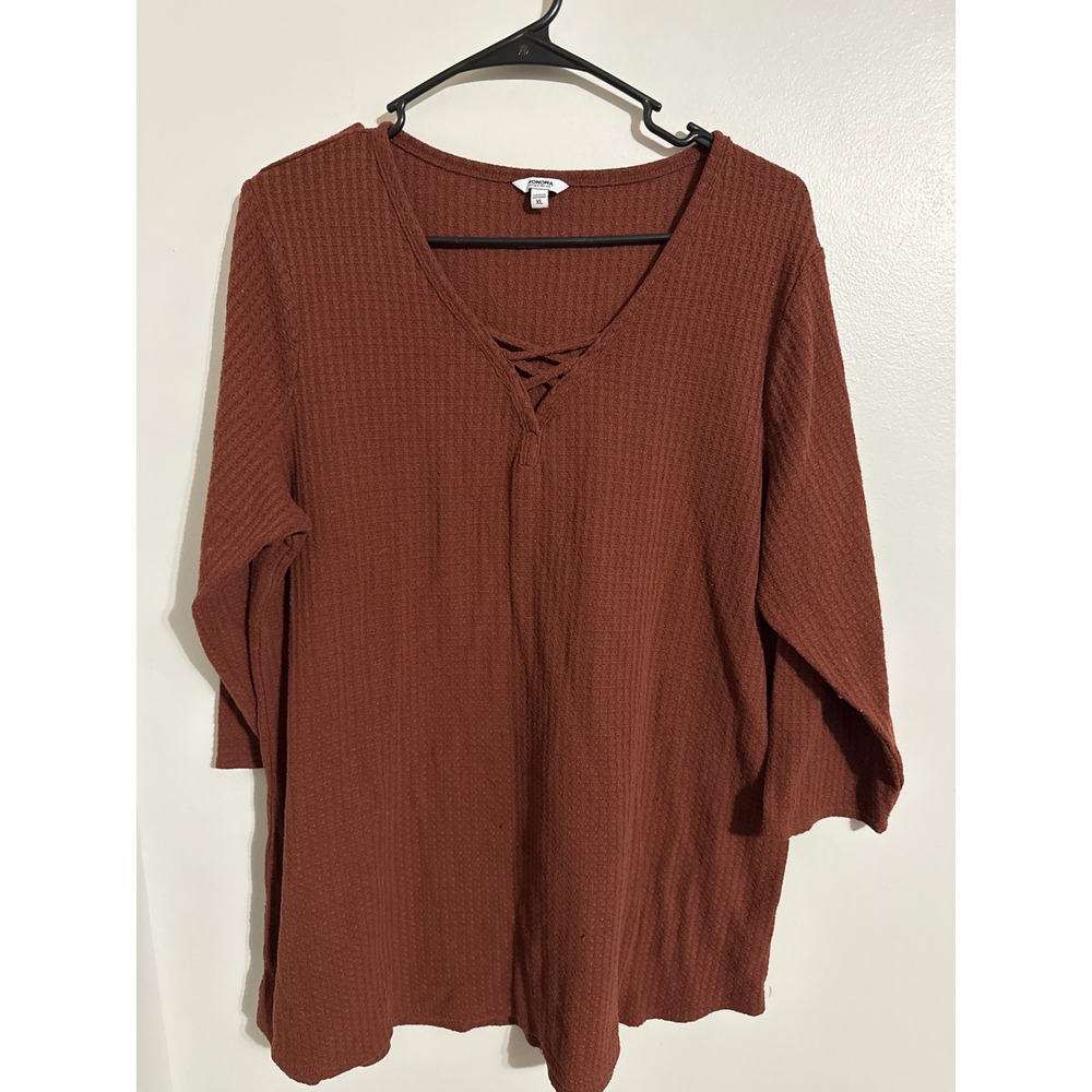 Sonoma Goods For Life Womens XL Rust Brown Waffle Knit Lace Up V-Neck Top